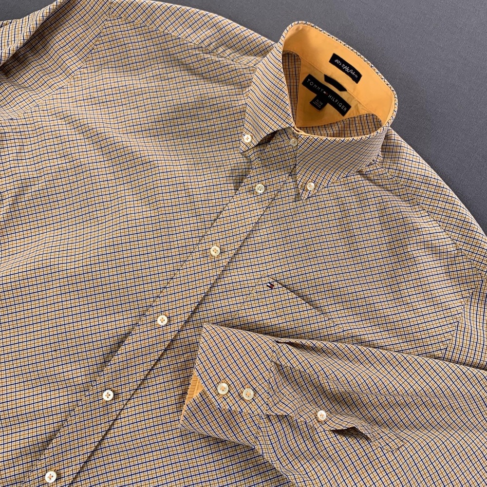 Vintage Tommy Hilfiger Shirt Men XL Yellow Blue Tattersall Button Down 2000s Y2K